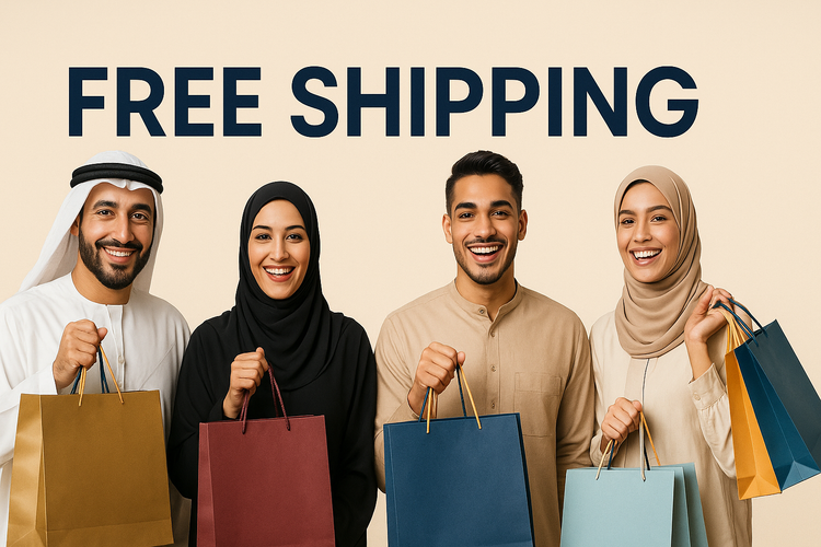 generate a image for my shopify store header banner for free shipping rtelated and also added [people in for hand on shopping bags for arabian peoples