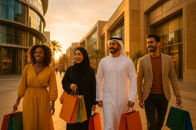 “High-quality, vibrant hero image of diverse shoppers in UAE/KSA setting, stylishly dressed, holding shopping bags, with luxury malls and modern cityscape in the background, golden sunset lighting, Arabic-inspired design patterns subtly in the frame, warm and inviting atmosphere — perfect for ecommerce website banner.”